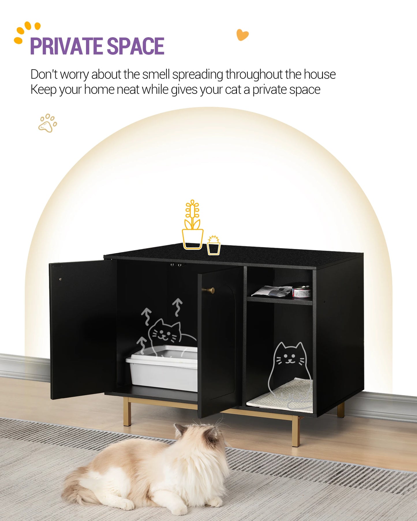 Bac à litière en bois pour chat – Maison cachée et table d'appoint – Blanc/Or – 80 × 50 × 61 cm