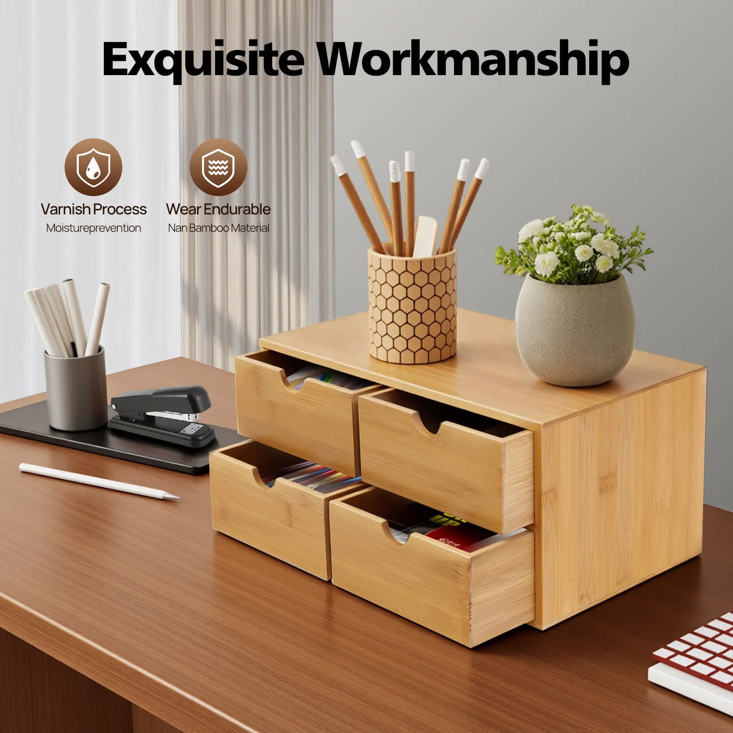 Bambus Schreibtisch Organizer mit 4 Schubladen 33 x 19 x 16 cm Naturholz Aufbewahrungskasten für Büro und Zuhause