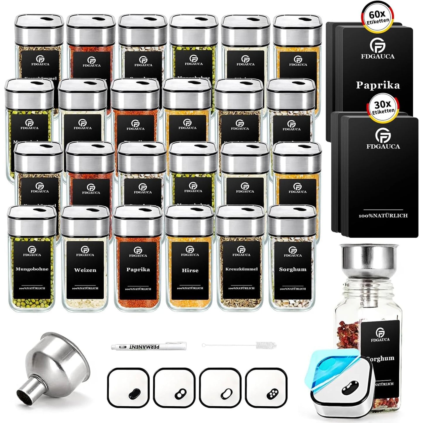 6/12/24er Set Gewürzgläser – 120ml mit 360° drehbarem Deckel, Etiketten & Zubehör | Aromafrisch & Luftdicht