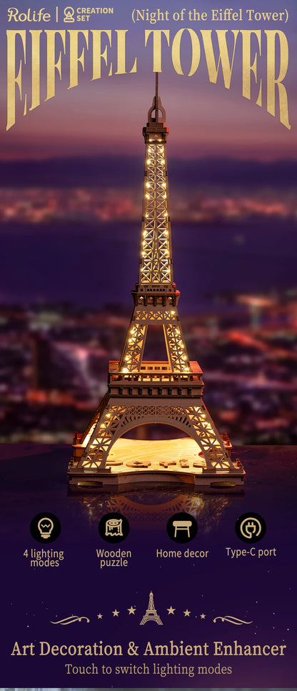 Robotime „Night of the Eiffel Tower“ – 3D Holzpuzzle mit Licht | Eiffelturm Modellbausatz 1:638 für Erwachsene & Kinder