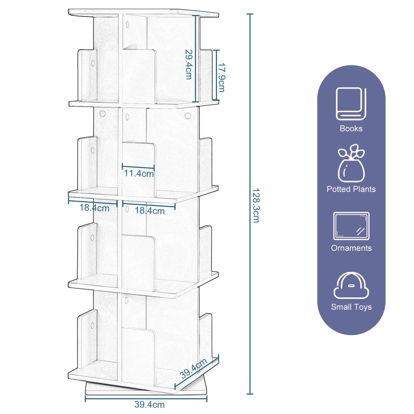 Bücherregal 4 Etagen 360° Drehbar MDF Regal mit 16 Fächern Standregal für Wohnzimmer Büro Arbeitszimmer