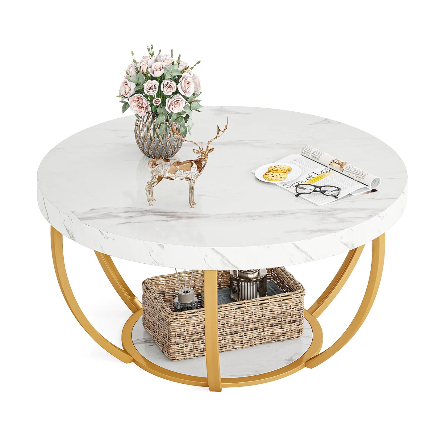 Tribesigns round coffee table Ø 80 cm – 2-tiered industrial-style sofa table with wood look and metal frame
