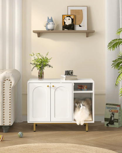 Bac à litière en bois pour chat – Maison cachée et table d'appoint – Blanc/Or – 80 × 50 × 61 cm