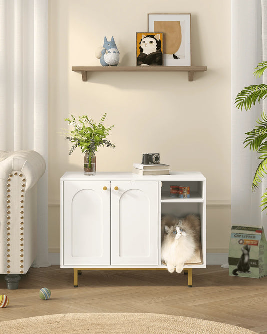 Katzentoiletten-Gehäuse aus Holz – Verstecktes Katzenhaus & Beistelltisch – Weiß/Gold – 80×50×61 cm