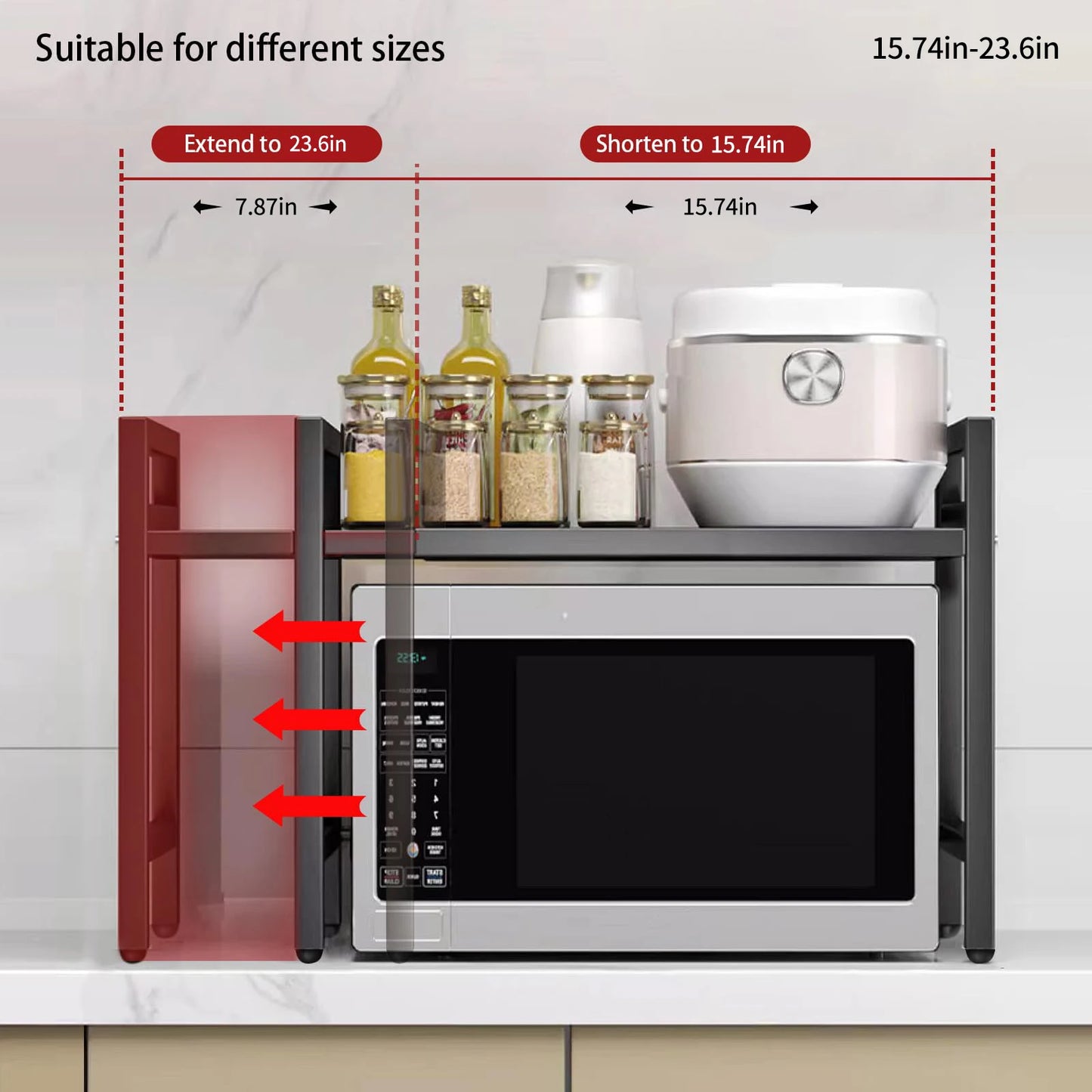 Support extensible pour micro-ondes 42-64 cm – Protection contre l'humidité et la rouille, organiseur de cuisine, noir