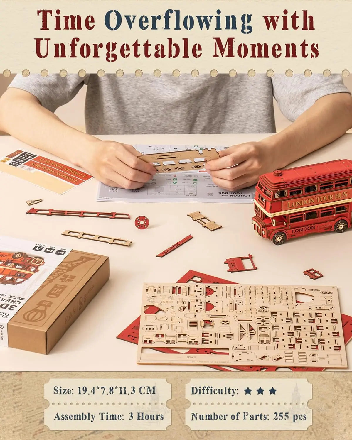 Robotime Rolife London Bus Holzpuzzle – 3D Modellbausatz aus Holz zum Basteln & Sammeln