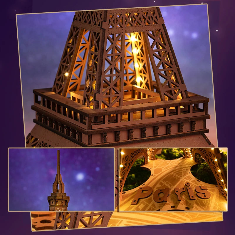 Robotime „Night of the Eiffel Tower“ – 3D Holzpuzzle mit Licht | Eiffelturm Modellbausatz 1:638 für Erwachsene & Kinder