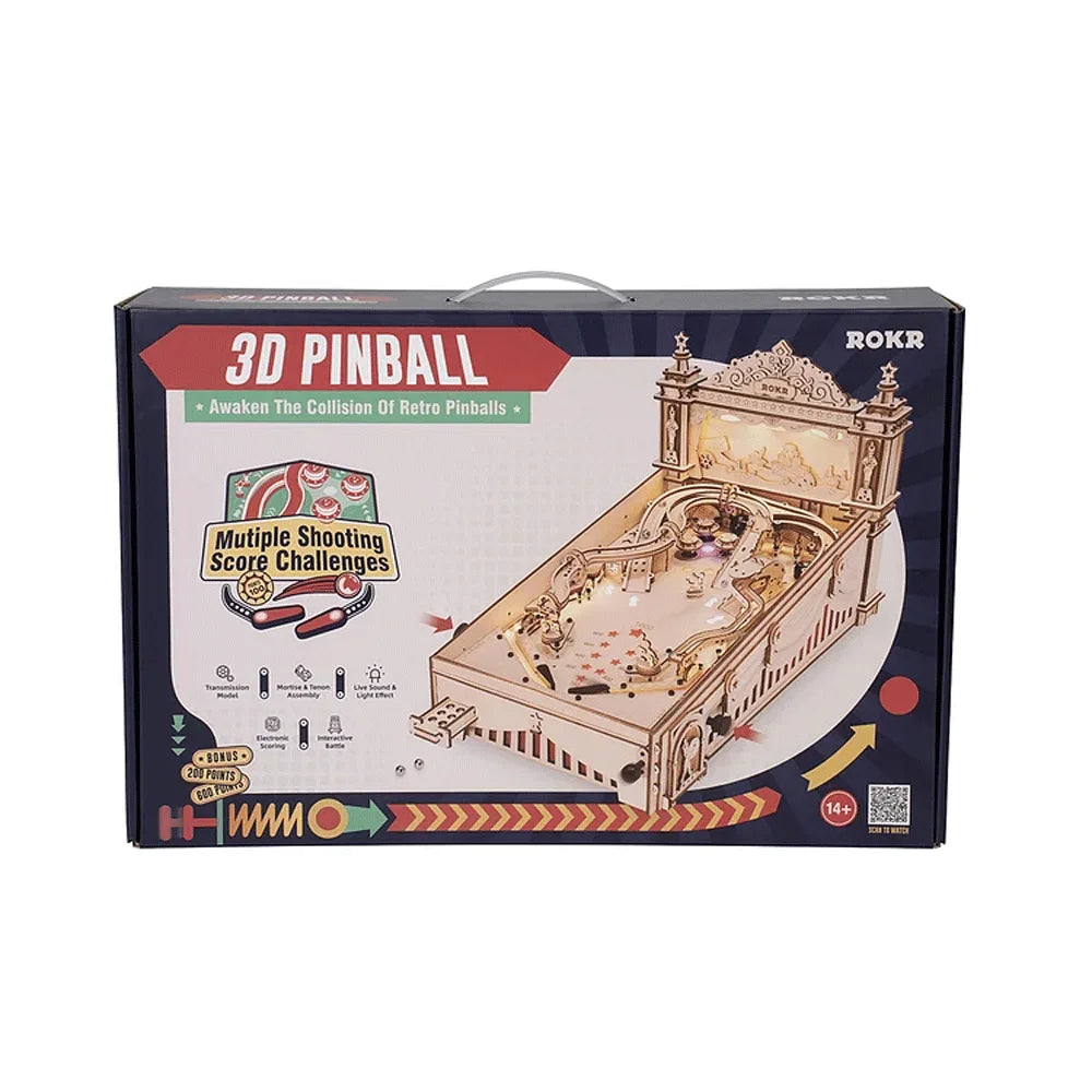 Robotime ROKR 3D Flipperautomat aus Holz – DIY Pinball-Spiel im Vintage-Stil | Bausatz für Kinder & Erwachsene