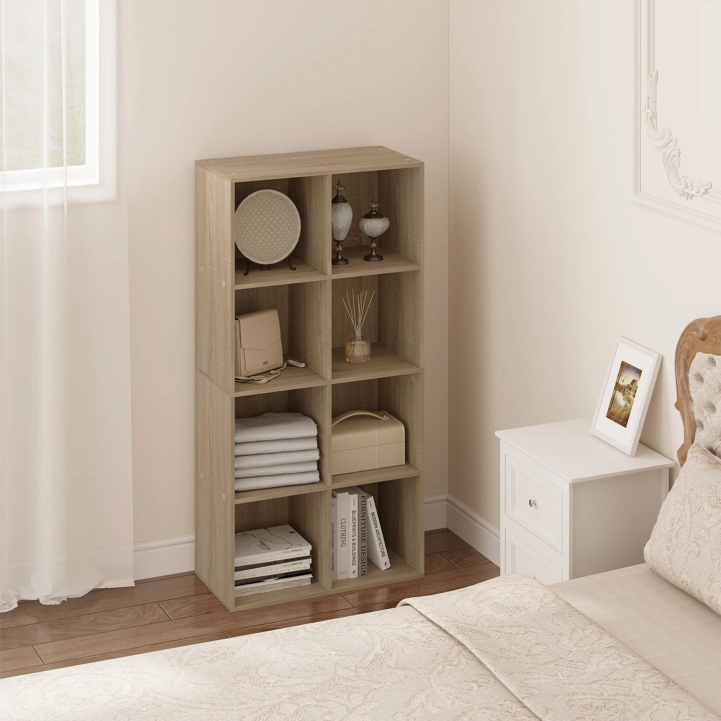 Bookcase with 8 compartments – freestanding &amp; modern – in white or oak