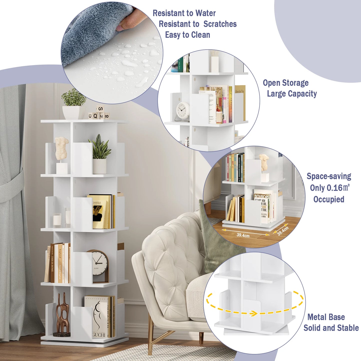 Bücherregal 4 Etagen 360° Drehbar MDF Regal mit 16 Fächern Standregal für Wohnzimmer Büro Arbeitszimmer
