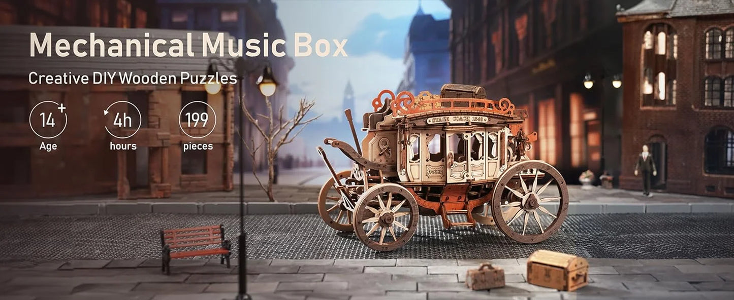 Robotime ROKR Postkutsche Spieluhr – 3D Holzpuzzle zum Bauen für Erwachsene & Jugendliche