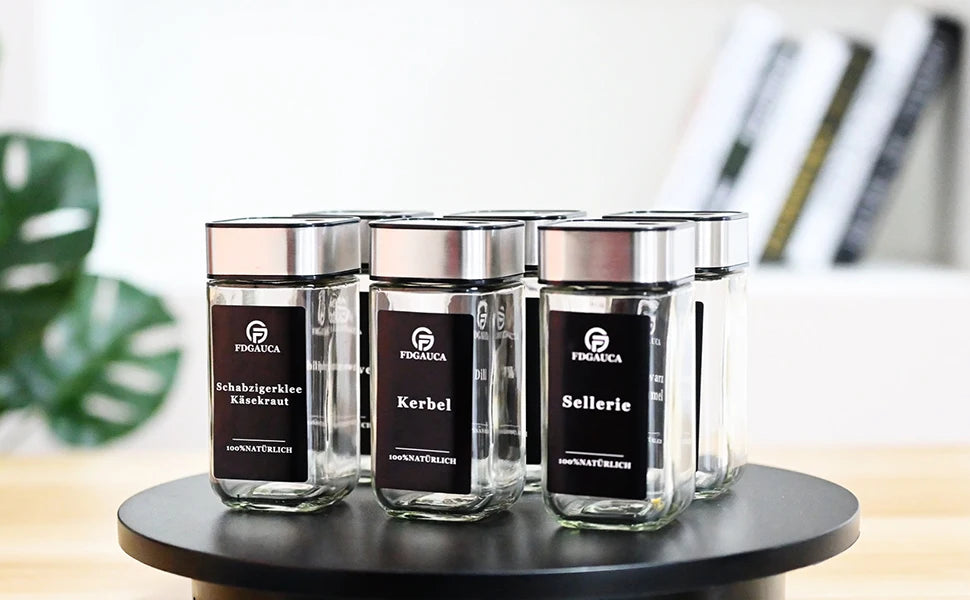 6/12/24er Set Gewürzgläser – 120ml mit 360° drehbarem Deckel, Etiketten & Zubehör | Aromafrisch & Luftdicht