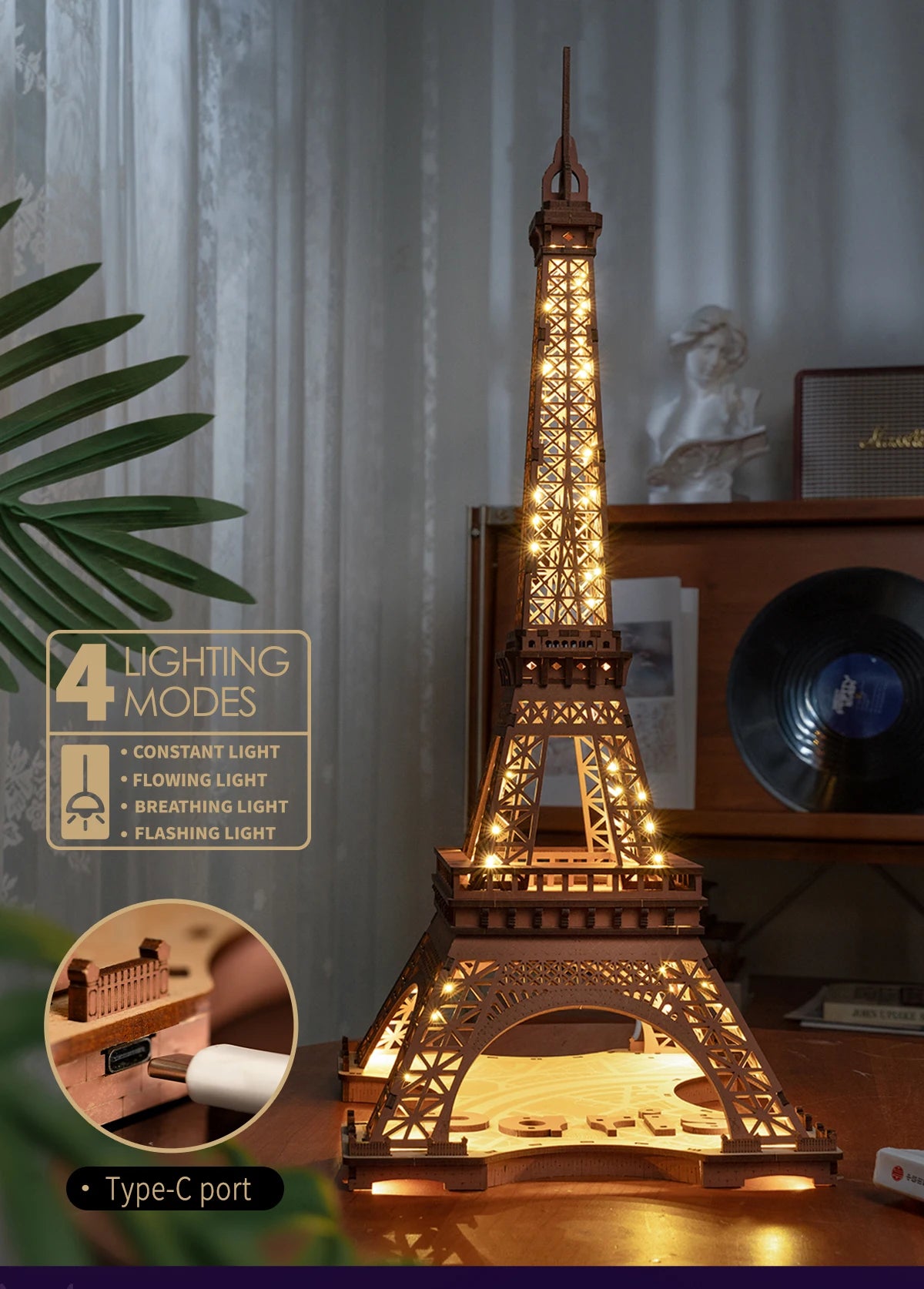 Robotime „Night of the Eiffel Tower“ – 3D Holzpuzzle mit Licht | Eiffelturm Modellbausatz 1:638 für Erwachsene & Kinder