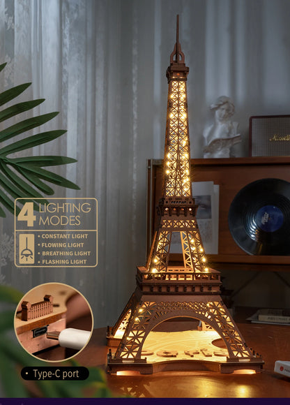 Robotime „Night of the Eiffel Tower“ – 3D Holzpuzzle mit Licht | Eiffelturm Modellbausatz 1:638 für Erwachsene & Kinder