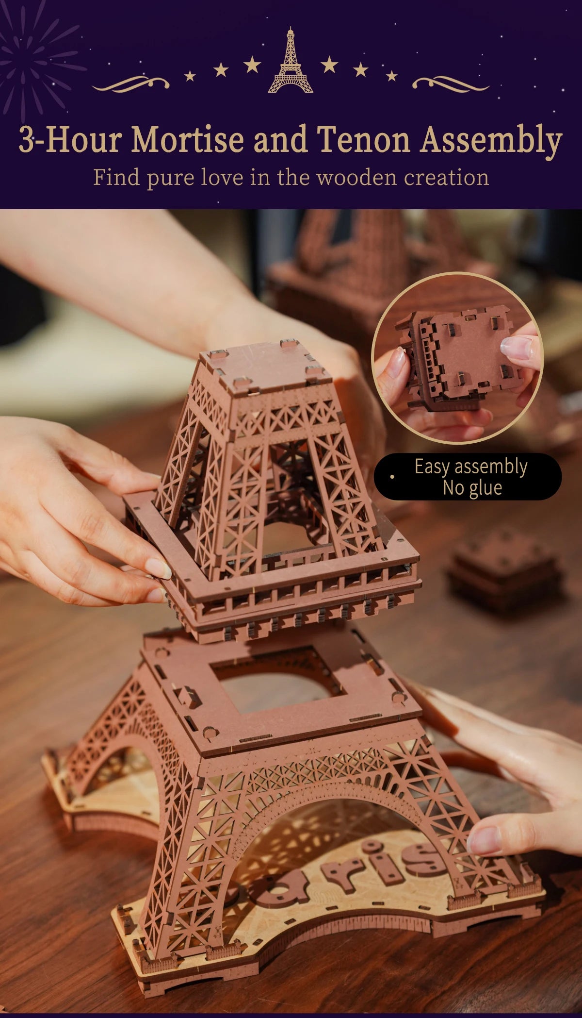 Robotime „Night of the Eiffel Tower“ – 3D Holzpuzzle mit Licht | Eiffelturm Modellbausatz 1:638 für Erwachsene & Kinder
