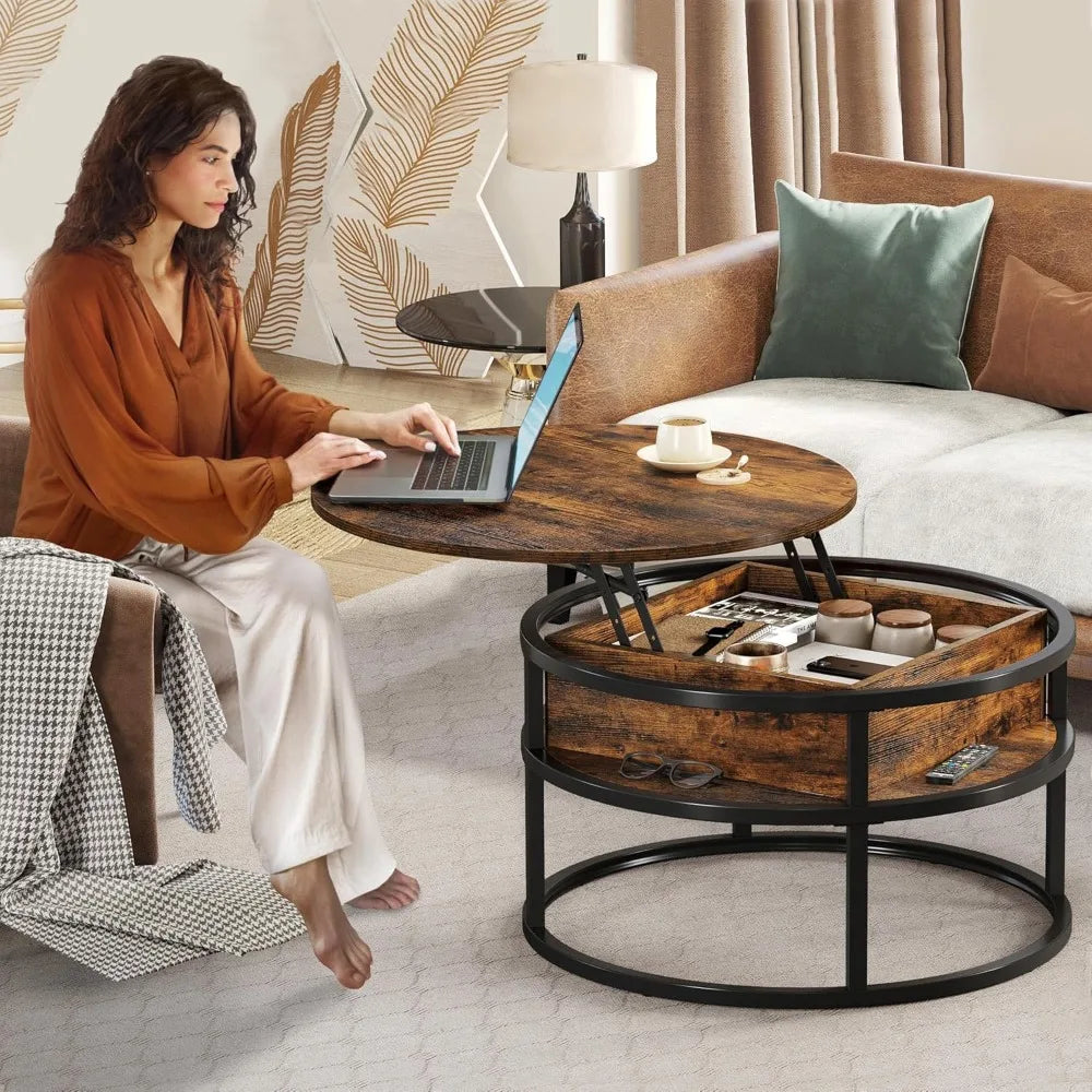 Runder Couchtisch mit Liftfunktion & Stauraum – Multifunktionaler Wohnzimmertisch mit verstecktem Fach, 80 cm, Braun
