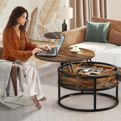Runder Couchtisch mit Liftfunktion & Stauraum – Multifunktionaler Wohnzimmertisch mit verstecktem Fach, 80 cm, Braun