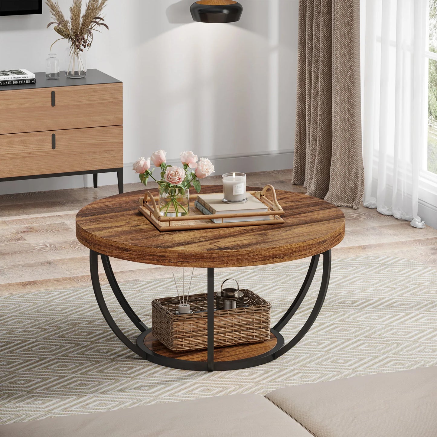 Tribesigns round coffee table Ø 80 cm – 2-tiered industrial-style sofa table with wood look and metal frame