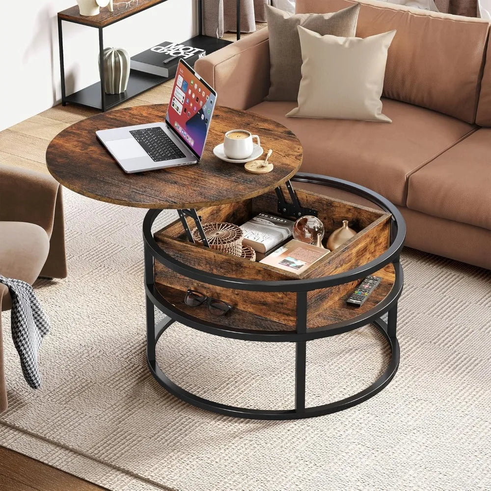Runder Couchtisch mit Liftfunktion & Stauraum – Multifunktionaler Wohnzimmertisch mit verstecktem Fach, 80 cm, Braun