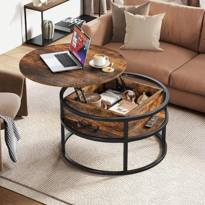 Runder Couchtisch mit Liftfunktion & Stauraum – Multifunktionaler Wohnzimmertisch mit verstecktem Fach, 80 cm, Braun