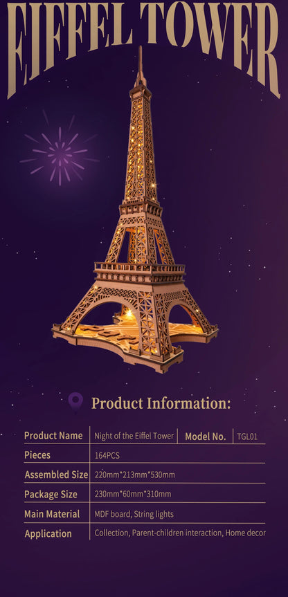 Robotime „Night of the Eiffel Tower“ – 3D Holzpuzzle mit Licht | Eiffelturm Modellbausatz 1:638 für Erwachsene & Kinder