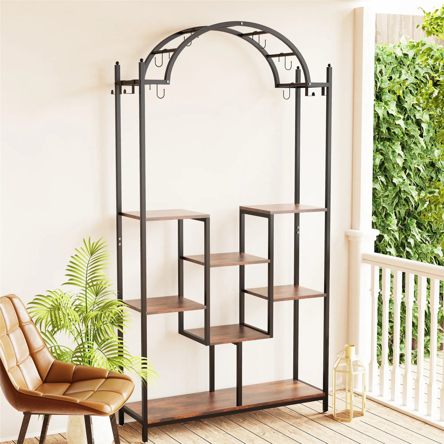 Grand support à plantes 5 niveaux en métal et bois, 190 cm, intérieur et jardin, vintage