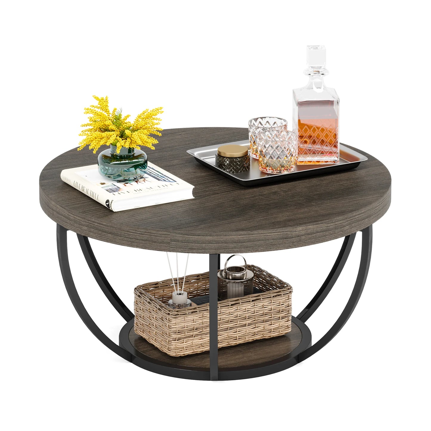 Tribesigns round coffee table Ø 80 cm – 2-tiered industrial-style sofa table with wood look and metal frame