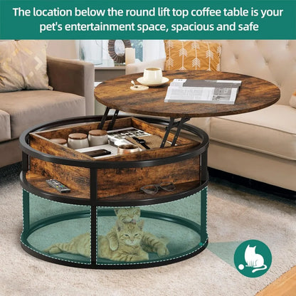 Runder Couchtisch mit Liftfunktion & Stauraum – Multifunktionaler Wohnzimmertisch mit verstecktem Fach, 80 cm, Braun