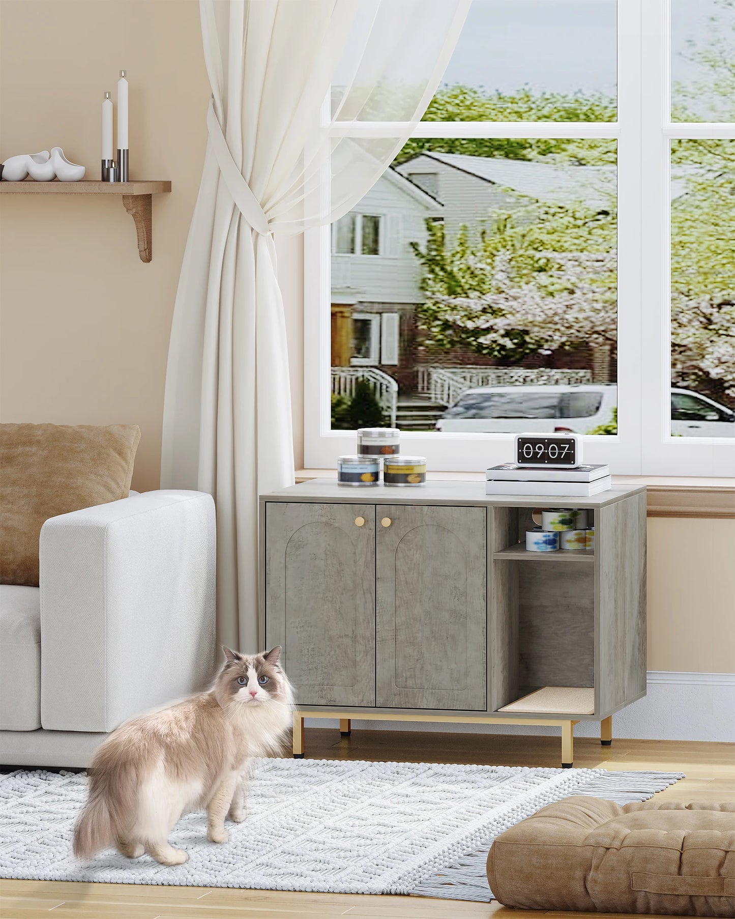 Bac à litière en bois pour chat – Maison cachée et table d'appoint – Blanc/Or – 80 × 50 × 61 cm