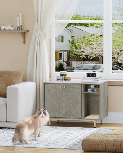 Bac à litière en bois pour chat – Maison cachée et table d'appoint – Blanc/Or – 80 × 50 × 61 cm