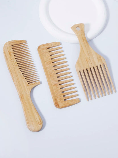 3-piece natural wooden comb set – anti-static fork comb &amp; styling combs for human hair &amp; wigs