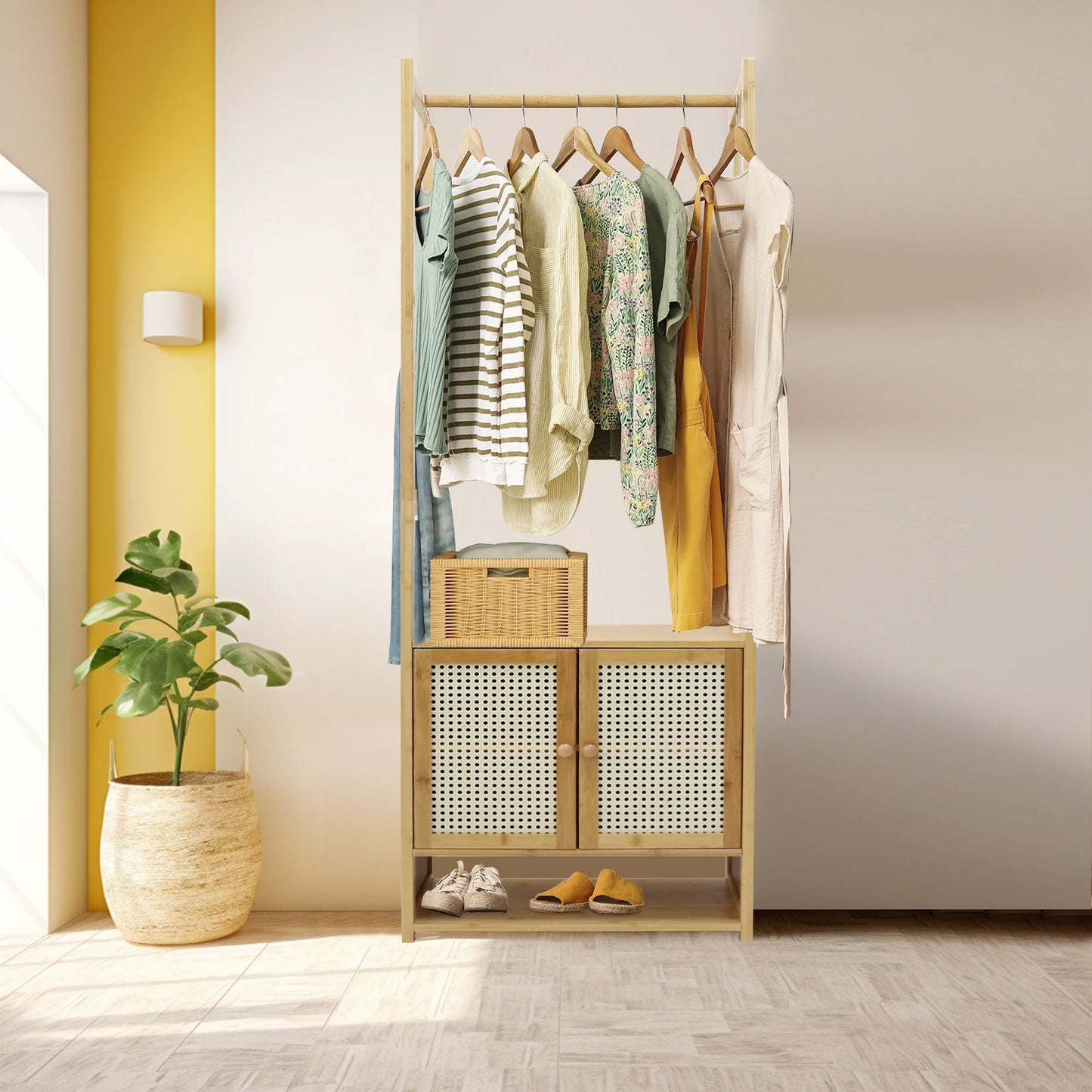 Kleiderständer aus Bambus mit Schrank & Regal – freistehend, modern & platzsparend