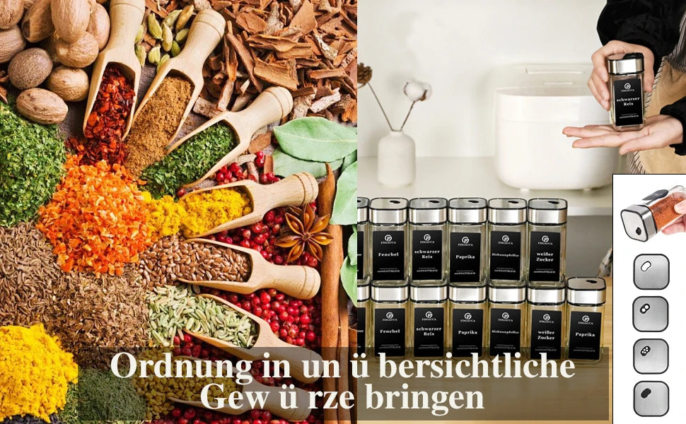 6/12/24er Set Gewürzgläser – 120ml mit 360° drehbarem Deckel, Etiketten & Zubehör | Aromafrisch & Luftdicht
