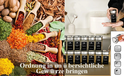 6/12/24er Set Gewürzgläser – 120ml mit 360° drehbarem Deckel, Etiketten & Zubehör | Aromafrisch & Luftdicht