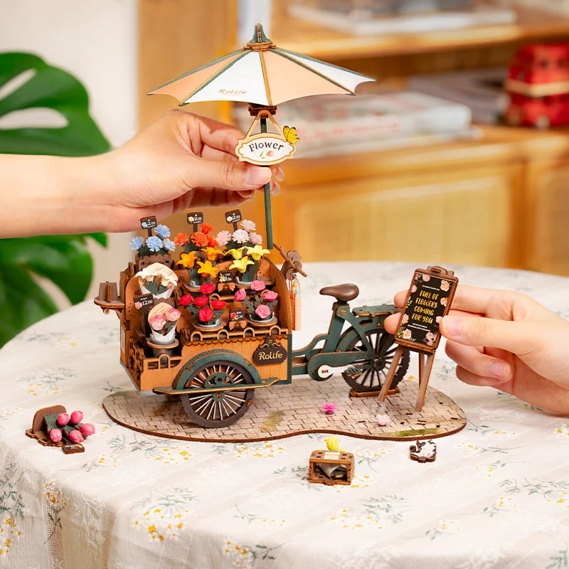 Robotime 3D Holzpuzzle Blütenwagen – Bastelset & Deko-Modell | Florales DIY-Geschenk für Frauen, Mädchen & kreative Erwachsene