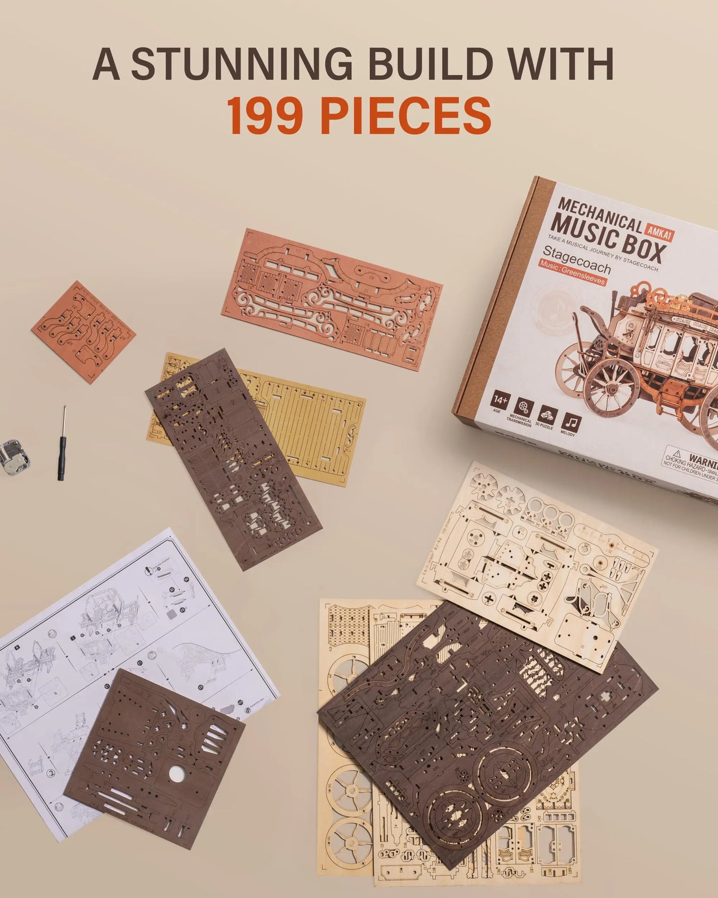Robotime ROKR Postkutsche Spieluhr – 3D Holzpuzzle zum Bauen für Erwachsene & Jugendliche