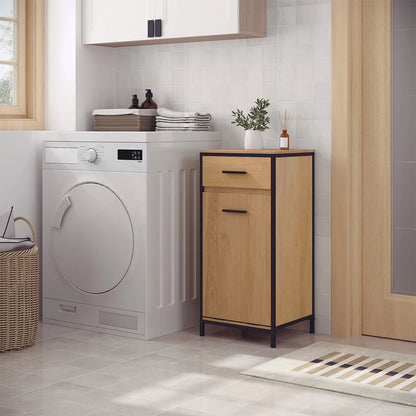 Meuble de salle de bain avec panier à linge et tiroirs, chêne/noir 80 cm
