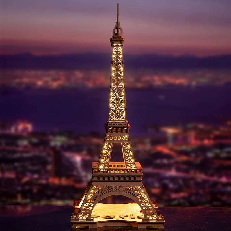 Robotime „Night of the Eiffel Tower“ – 3D Holzpuzzle mit Licht | Eiffelturm Modellbausatz 1:638 für Erwachsene & Kinder