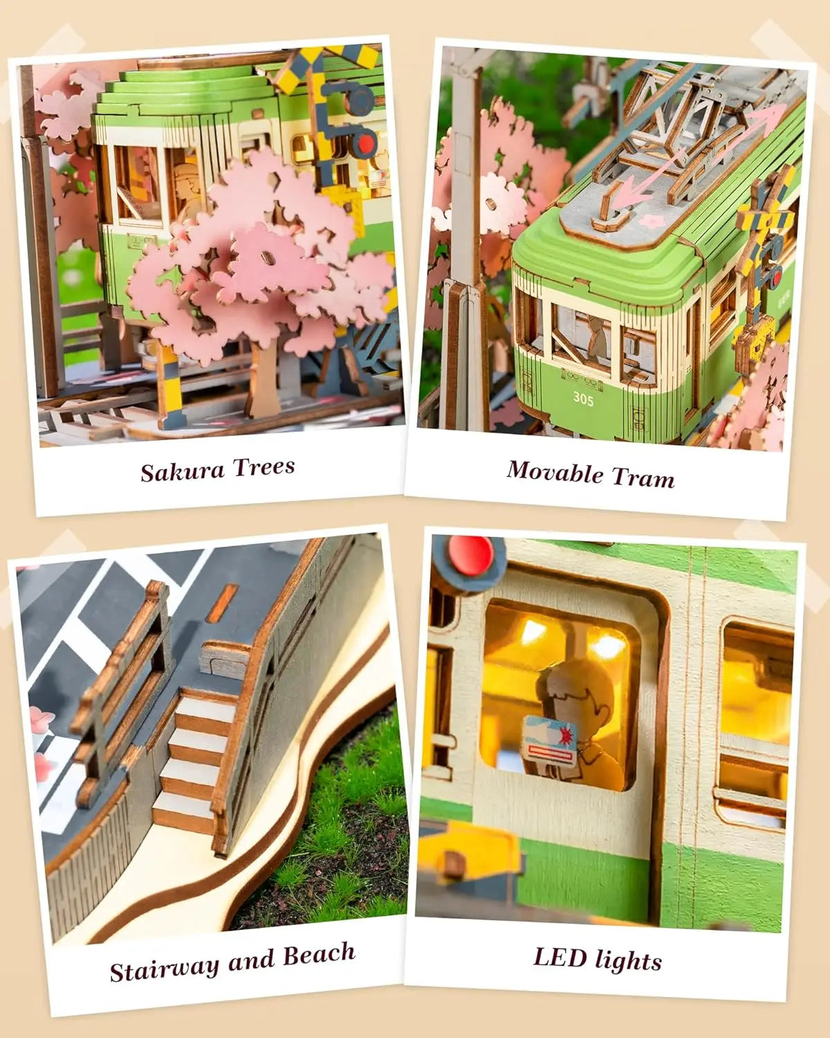 Robotime 3D Holzpuzzle Sakura Journey – Straßenbahn mit LED | DIY Modellbausatz für Kinder & Erwachsene