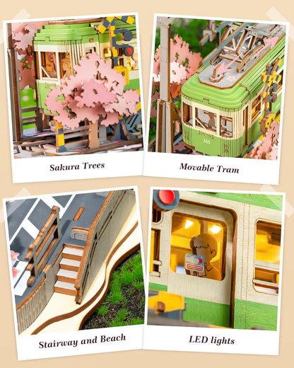 Robotime 3D Holzpuzzle Sakura Journey – Straßenbahn mit LED | DIY Modellbausatz für Kinder & Erwachsene
