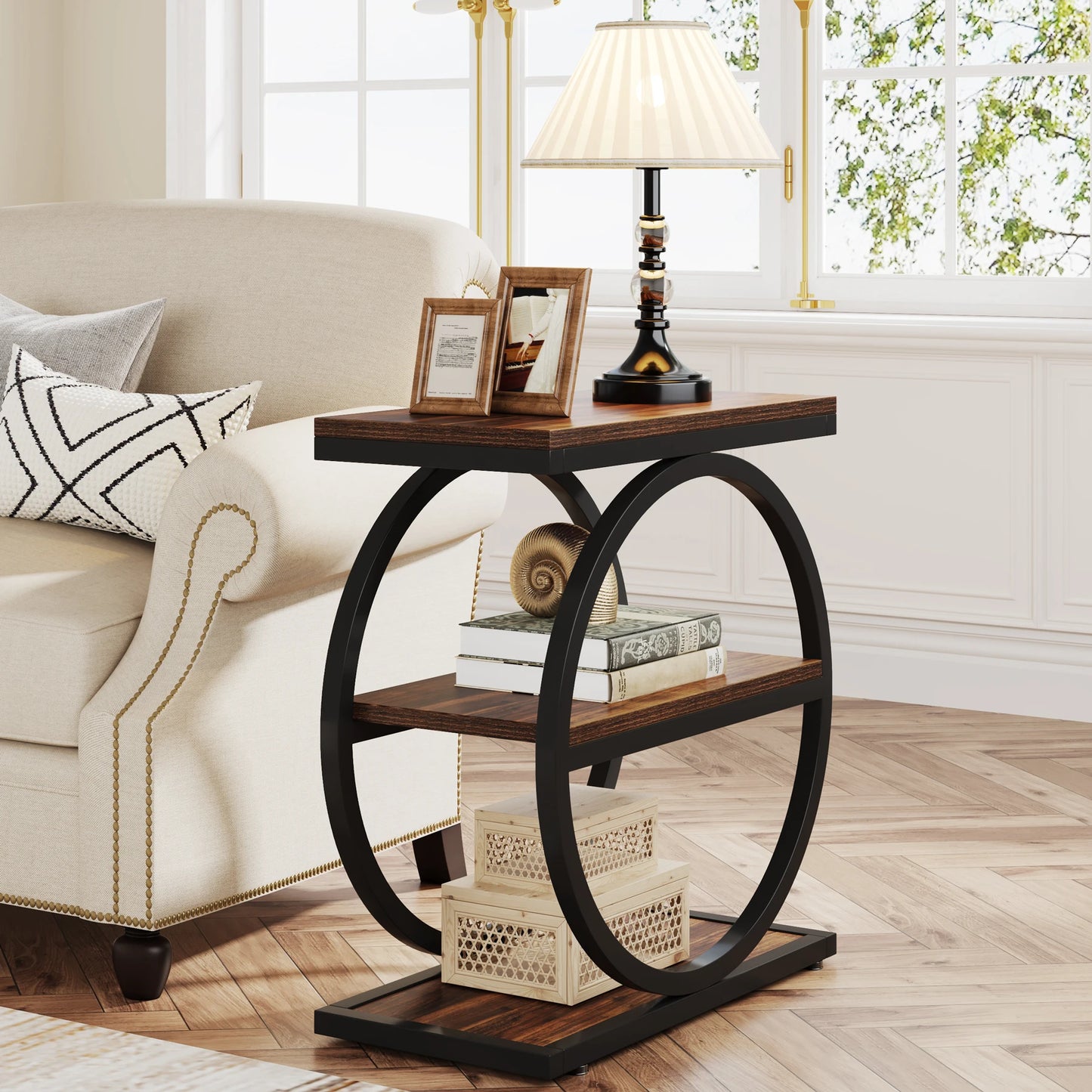 Tribesigns Side Table with 3 Storage Compartments – Narrow Industrial Style Sofa Table, Wood &amp; Metal, 60 cm High