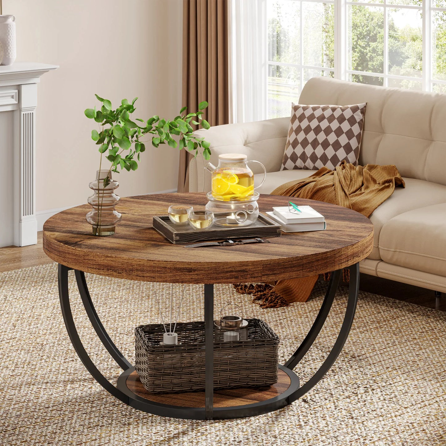 Tribesigns round coffee table Ø 80 cm – 2-tiered industrial-style sofa table with wood look and metal frame