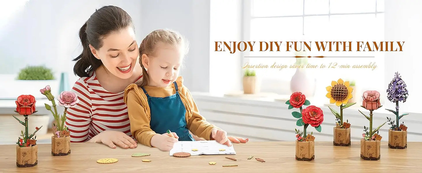 Robotime Rolife 3D Holzblumen – DIY Holzpuzzle Blumenstrauß | Ewige Blüten als Geschenk zum Muttertag, Geburtstag & Deko
