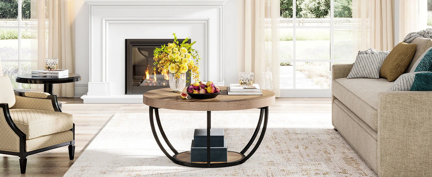 Tribesigns round coffee table Ø 80 cm – 2-tiered industrial-style sofa table with wood look and metal frame