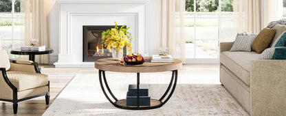 Tribesigns round coffee table Ø 80 cm – 2-tiered industrial-style sofa table with wood look and metal frame
