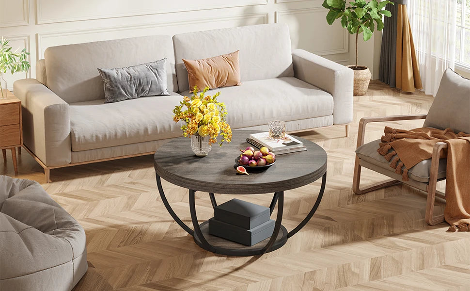 Tribesigns round coffee table Ø 80 cm – 2-tiered industrial-style sofa table with wood look and metal frame