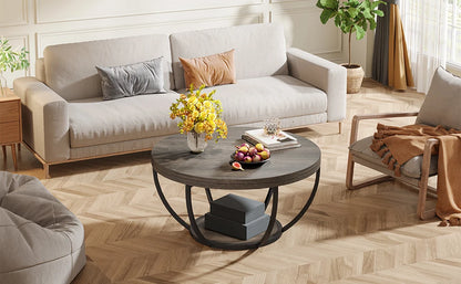 Tribesigns round coffee table Ø 80 cm – 2-tiered industrial-style sofa table with wood look and metal frame