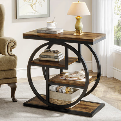 Tribesigns Side Table with 3 Storage Compartments – Narrow Industrial Style Sofa Table, Wood &amp; Metal, 60 cm High