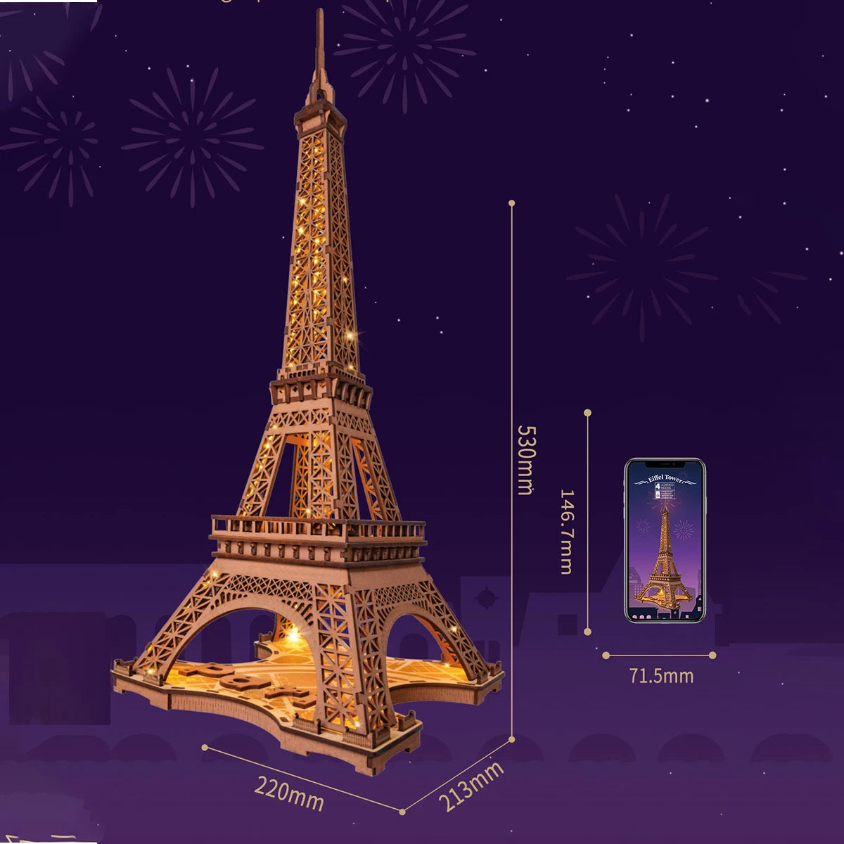 Robotime „Night of the Eiffel Tower“ – 3D Holzpuzzle mit Licht | Eiffelturm Modellbausatz 1:638 für Erwachsene & Kinder