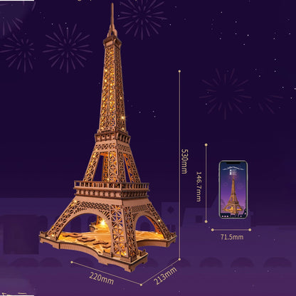 Robotime „Night of the Eiffel Tower“ – 3D Holzpuzzle mit Licht | Eiffelturm Modellbausatz 1:638 für Erwachsene & Kinder